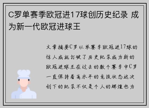 C罗单赛季欧冠进17球创历史纪录 成为新一代欧冠进球王 C罗单赛季欧冠进17球创历史纪录 成为新一代欧冠进球王