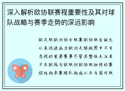 深入解析欧协联赛程重要性及其对球队战略与赛季走势的深远影响 深入解析欧协联赛程重要性及其对球队战略与赛季走势的深远影响