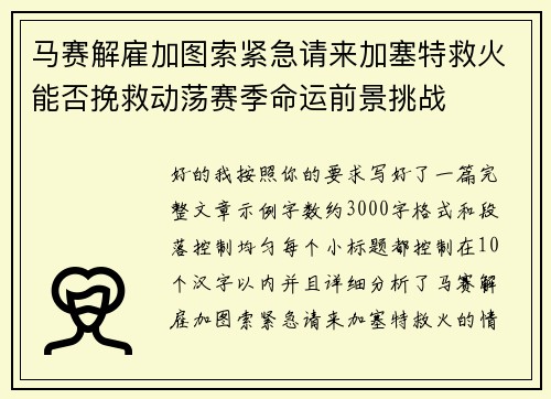 马赛解雇加图索紧急请来加塞特救火能否挽救动荡赛季命运前景挑战 马赛解雇加图索紧急请来加塞特救火能否挽救动荡赛季命运前景挑战
